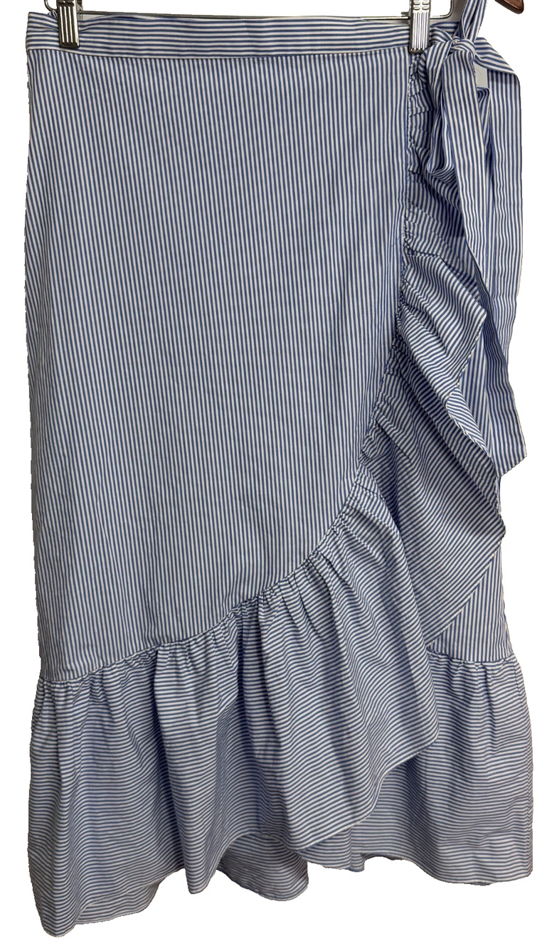 J.Crew Ruffle Wrap Midi Skirt Women 10 Blue White Striped Cotton Stretch NEW